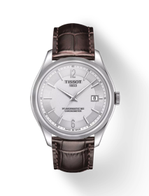 Front view of the watch Tissot Ballade Powermatic 80 COSC with shadow