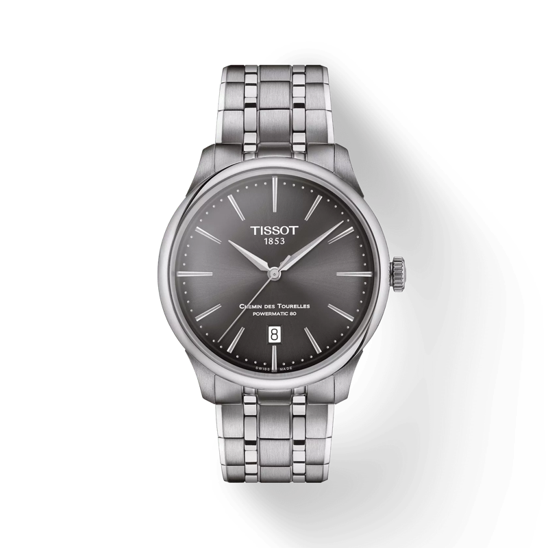 Front view of the watch Tissot Chemin des Tourelles Powermatic 80 39 mm with shadow
