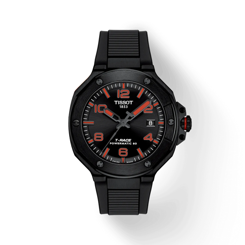 Front view of the watch Tissot T-Race Powermatic 80 with shadow