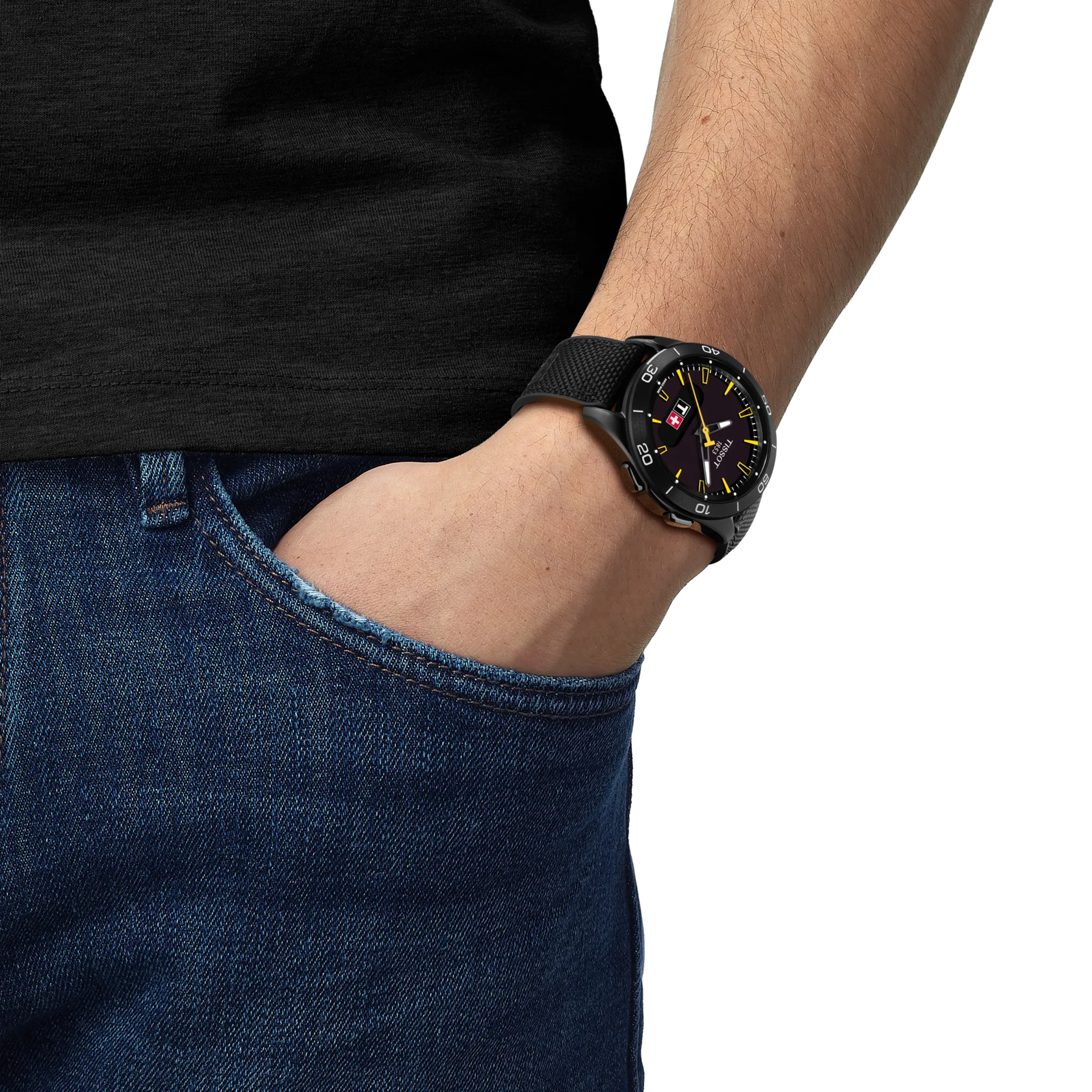 Simulatie van het horloge Tissot T-Touch Connect Sport Jungfraubahn om een pols