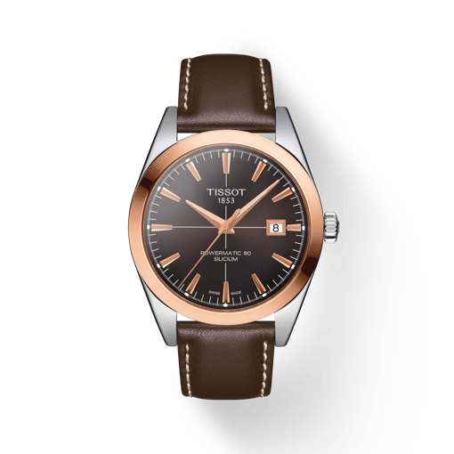 Front view of the watch Tissot Gentleman Powermatic 80 Silicium Solid 18K Gold bezel with shadow