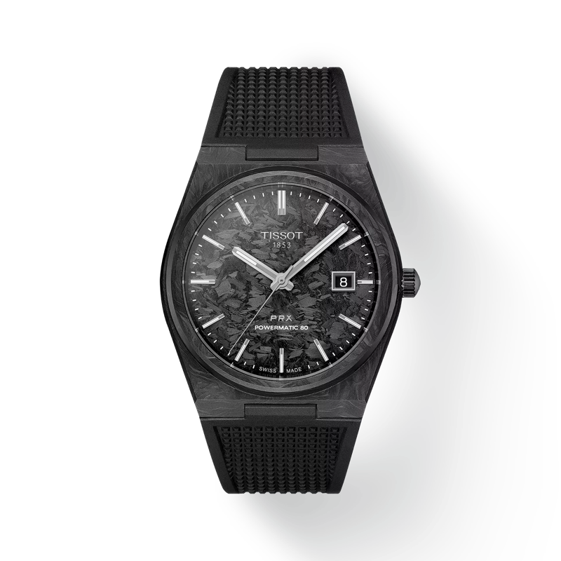 Vorderansicht der Uhr Tissot PRX Powermatic 80 Carbon 40mm mit Schatten
