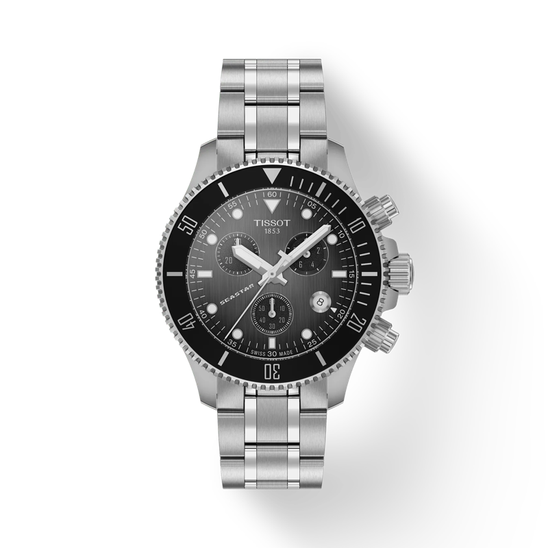 Front view of the watch Tissot Seastar 1000 Quartz Chronograph 38mm with shadow