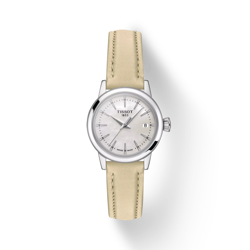 Front view of the watch Tissot Classic Dream Lady with shadow