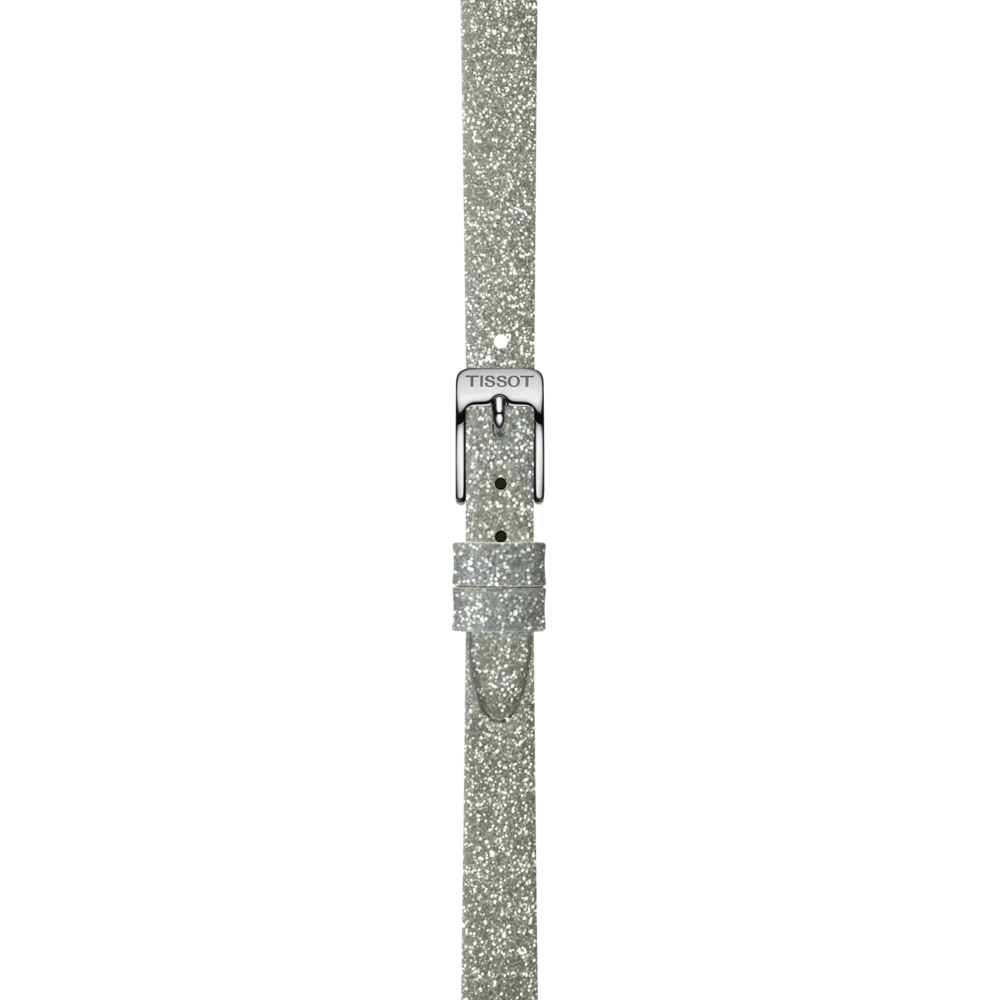 Zoom auf Original Tissot Synthetikarmband silber glitzernd Bandanstoss 9 mm